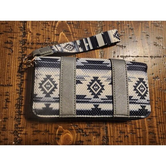 Women's Wallet with Aztec Design Black, Gray, & White with handle strap - Picture 1 of 3
